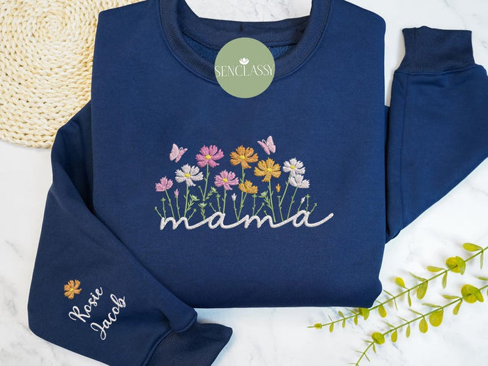 Custom Cosmos Flower Mama Embroidered Sweatshirt, Floral Mom Sweatshirt, Gift for Grandma, Personalize Child Name On Sleeve, Mother Day Gift