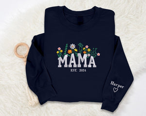 Embroidered Custom Mama Floral Sweatshirt, Personalized Kids Name on Sleeve with Initial Heart, Comfy Mama Crewneck Jumper, Mothers Day Gift