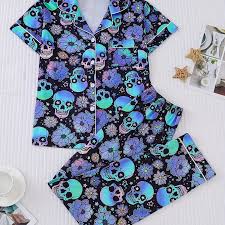 Our Neon Skull & Floral Pajama Set  Print Women's Outerwear Autumn and Winter Pajama Set