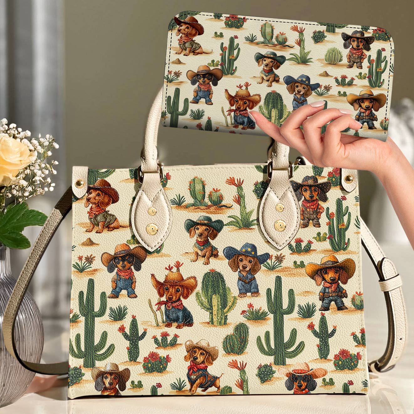Dachshund Leather Bag Cowboy Cactus Crew