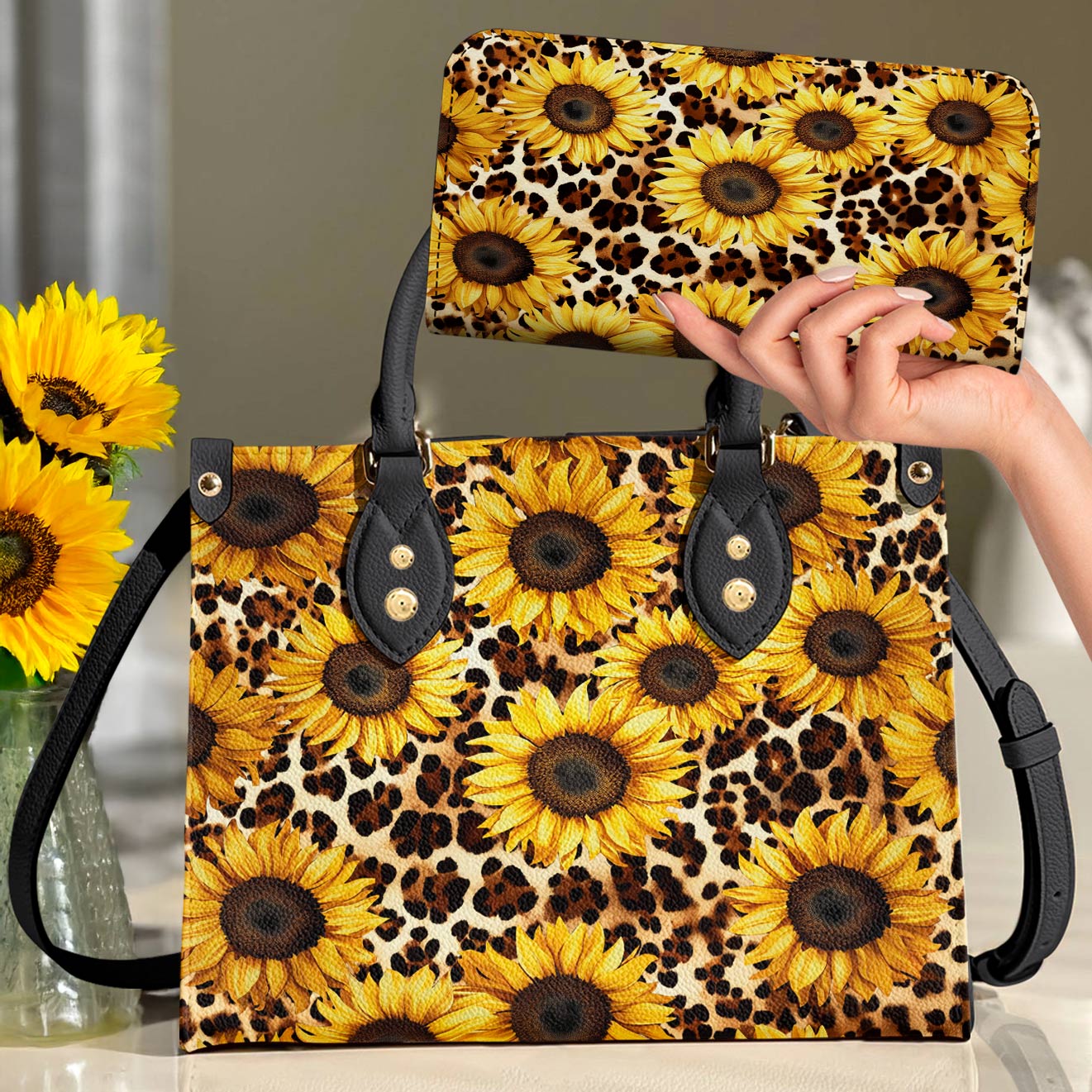 Leather Bag Leopard Sunflowers