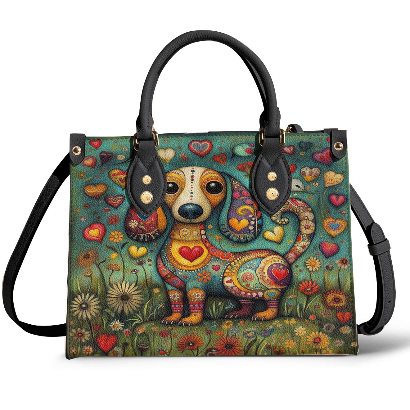 Whimsical Dachshund Leather Bag Heart & Floral