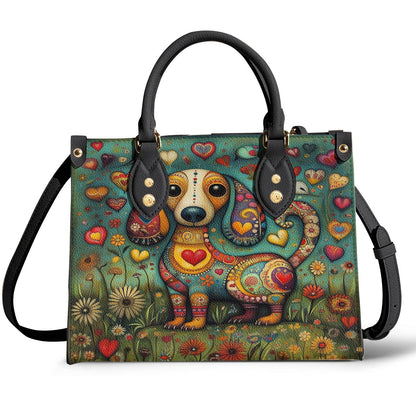 Whimsical Dachshund Leather Bag Heart & Floral