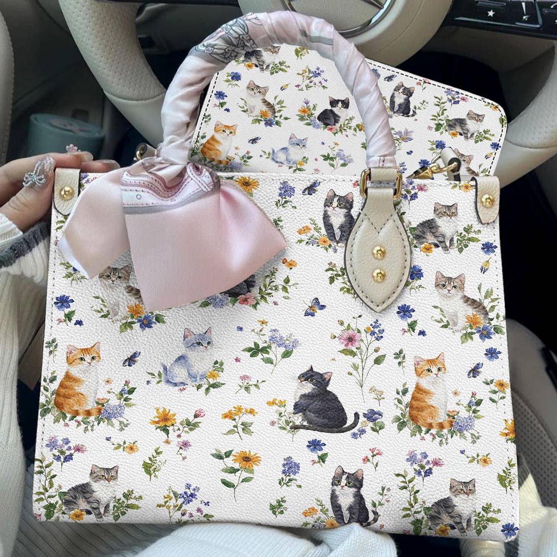 Cat Leather Bag Sweet Floral Cats