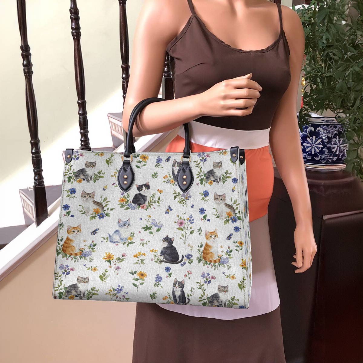 Cat Leather Bag Sweet Floral Cats