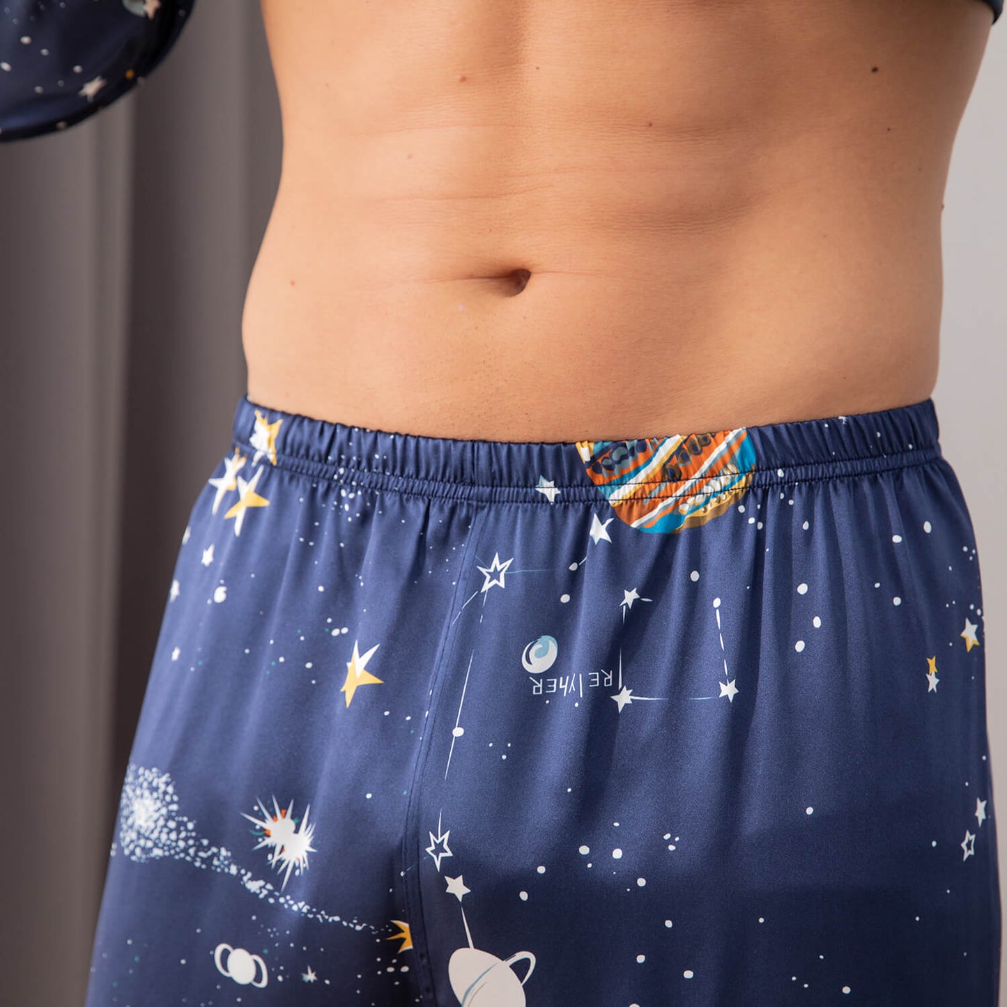 Long Galaxy Print Men Silk Pajama Set Luxury Silk Nightwear