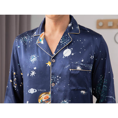 Long Galaxy Print Men Silk Pajama Set Luxury Silk Nightwear