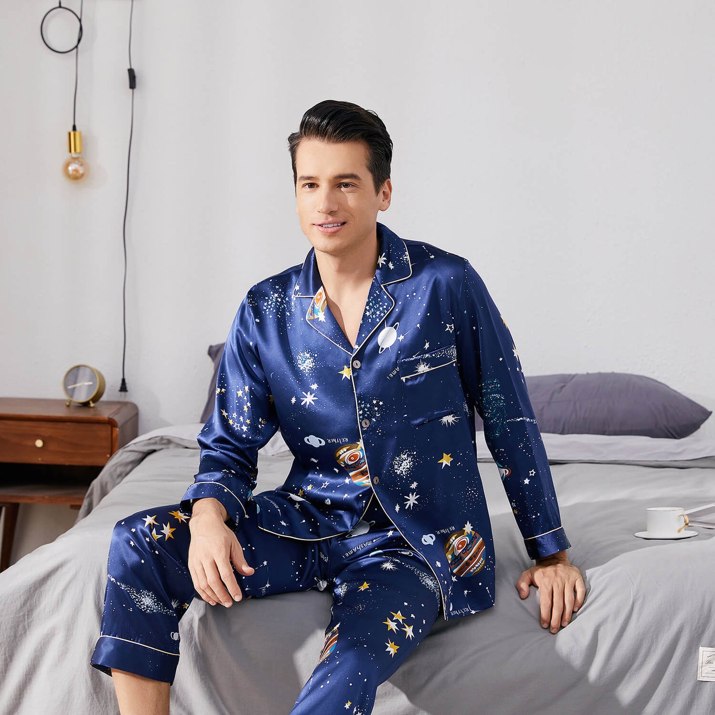 Long Galaxy Print Men Silk Pajama Set Luxury Silk Nightwear