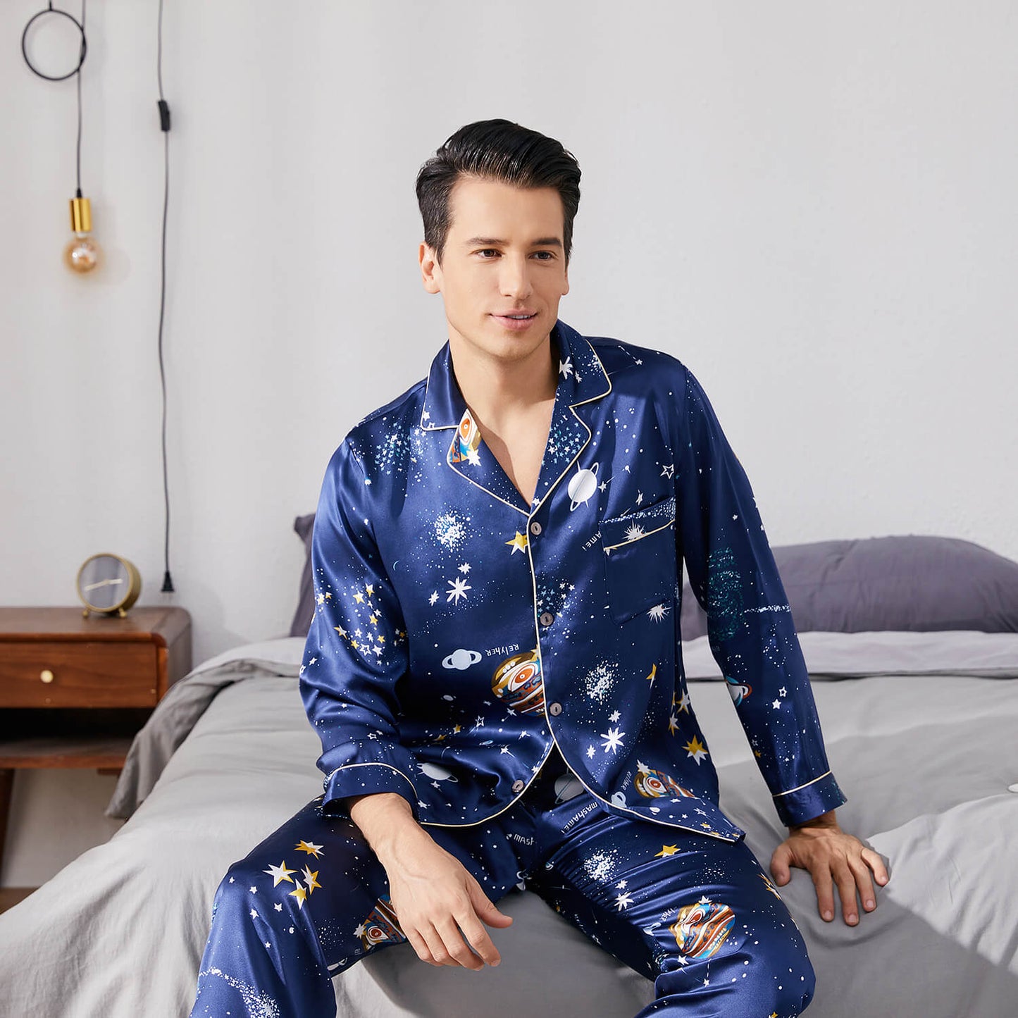 Long Galaxy Print Men Silk Pajama Set Luxury Silk Nightwear