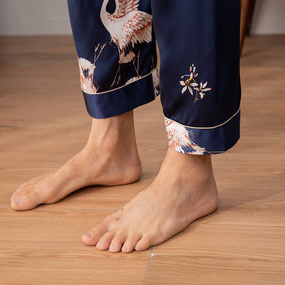 Mens Crane Print Silk Pajama Set 100% Mulberry Silk Sleepwear