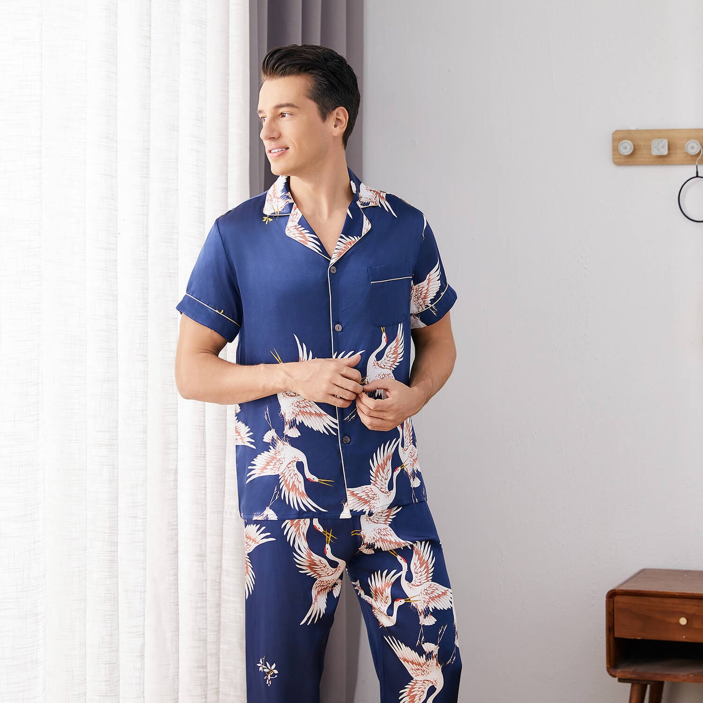 Mens Crane Print Silk Pajama Set 100% Mulberry Silk Sleepwear