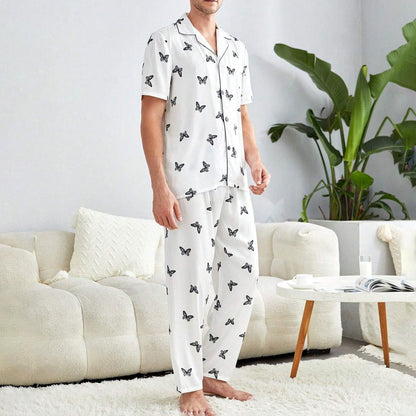 Men's Silk Pajamas Set  Short Sleeves Butterfly Print Silk Nightwear