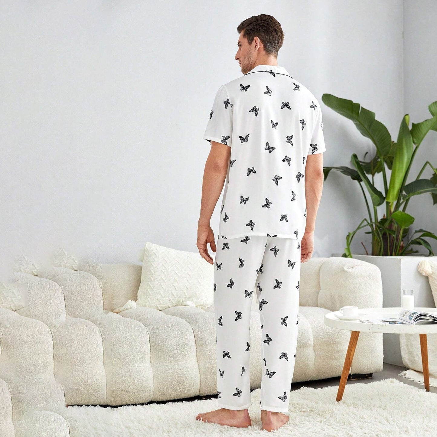 Men's Silk Pajamas Set  Short Sleeves Butterfly Print Silk Nightwear