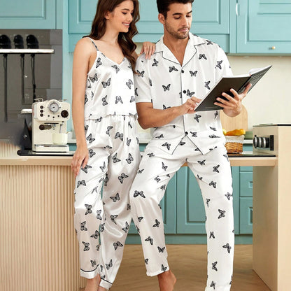 Men's Silk Pajamas Set  Short Sleeves Butterfly Print Silk Nightwear