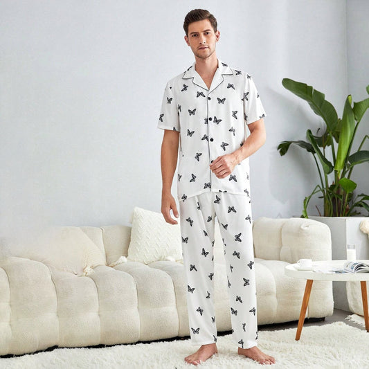 Men's Silk Pajamas Set  Short Sleeves Butterfly Print Silk Nightwear