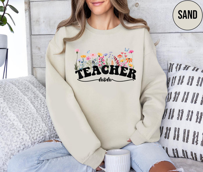 Embroidered Custom Teacher Mom Sweatshirt, Teacher Mom Flower Sweatshirt, Teacher Mom Gift, Teacher Mama Sweatshirt