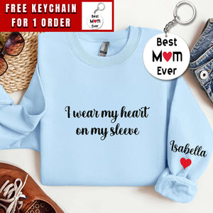 I Wear My Heart On My Sleeve, Embroidered Custom Mama Shirt With Kids Names, Pregnancy Reveal Hoodie Gift For New Mom, Mother's Day Gift