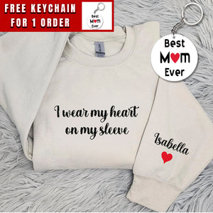 I Wear My Heart On My Sleeve, Embroidered Custom Mama Shirt With Kids Names, Pregnancy Reveal Hoodie Gift For New Mom, Mother's Day Gift