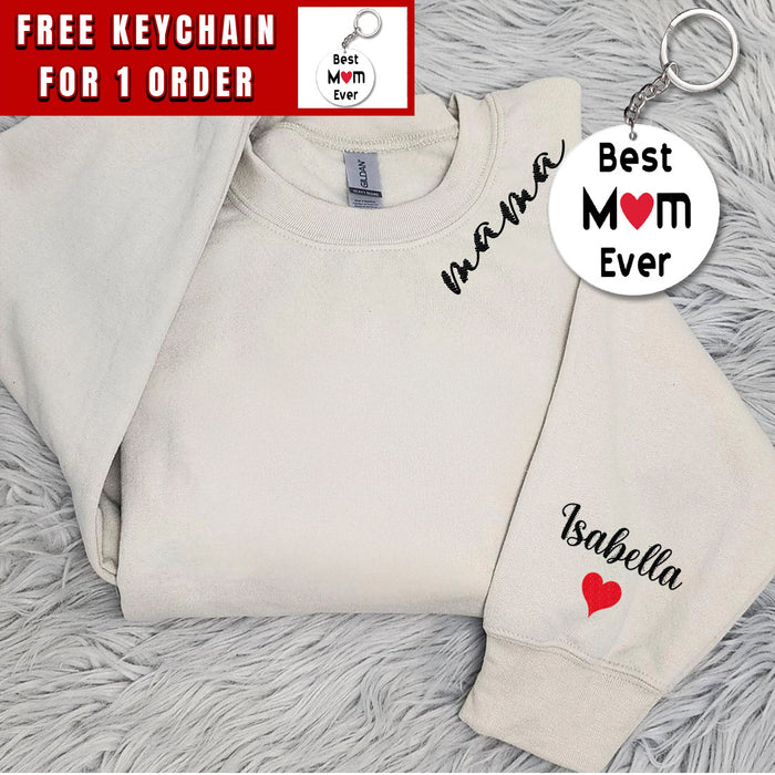 Mama Embroidered Sweatshirt, Custom Mama Shirt With Kids Names, Heart On Sleeve, Pregnancy Reveal Hoodie Gift For New Mom, Mother's Day Gift