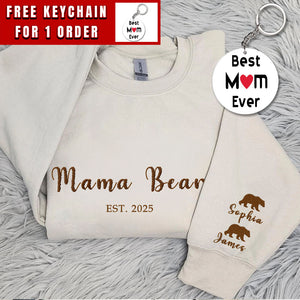 Custom Embroidered Mama Bear Est Sweatshirt with Kid Names, Funny Mother Day Gift for Mom, Personalized Name on Sleeve New Mom Gift