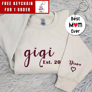 Personalized Gigi Sweatshirt, Custom Embroidered with Grandkids Names on Sleeve, Perfect Gift for Gigi Minimalist Gigi Sweater