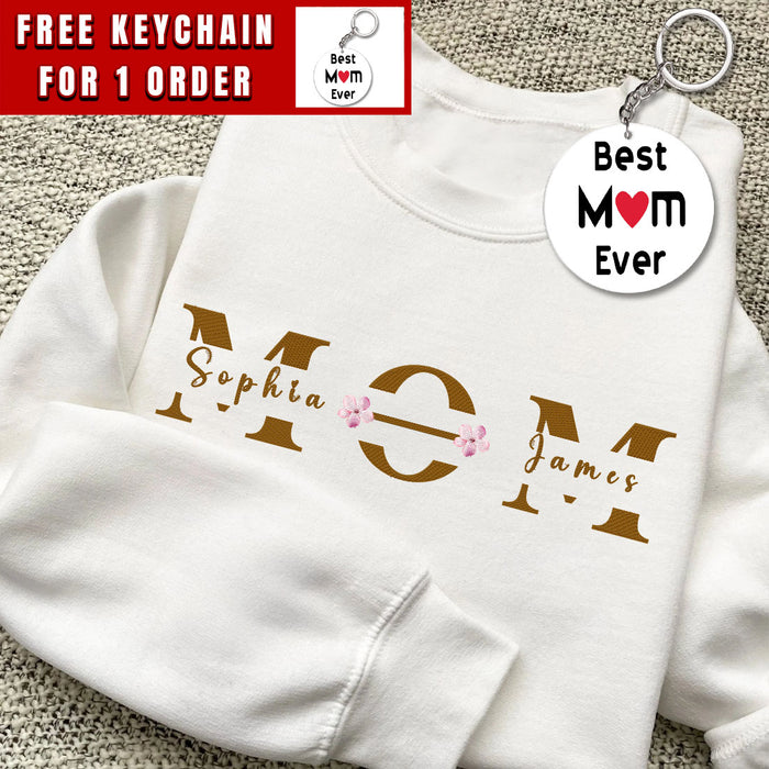 Custom Mama Embroidered Sweatshirt, Mom Crewneck Sleeved Embroidery with Kid Names, Mother’s Day shirt, Gift for Mom from Daughter and Son