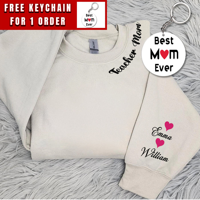 Custom Embroidered Teacher Mom Sweatshirt, Personalized Teacher Mama Crewneck, Gift for Mother's Day