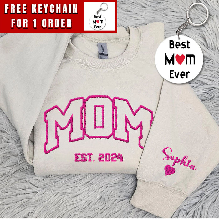 Custom Embroidered Mommy Sweatshirt, Name On Sleeve With Heart, Mama Est Year Shirt, Gift For New Mom, Mothers Day Gift