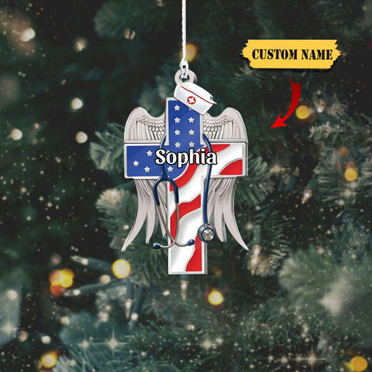 Nurse Cross Us Flag Personalized Flat Ornament, christmas girt for nurse, Ornament Decoration, Ornament For Gift, Ornament Christmas