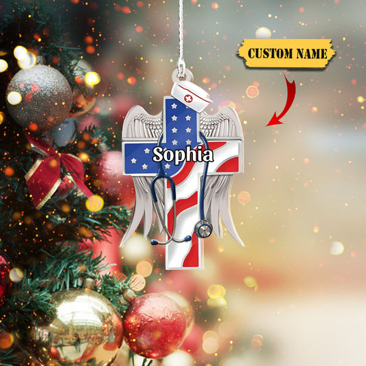 Nurse Cross Us Flag Personalized Flat Ornament, christmas girt for nurse, Ornament Decoration, Ornament For Gift, Ornament Christmas