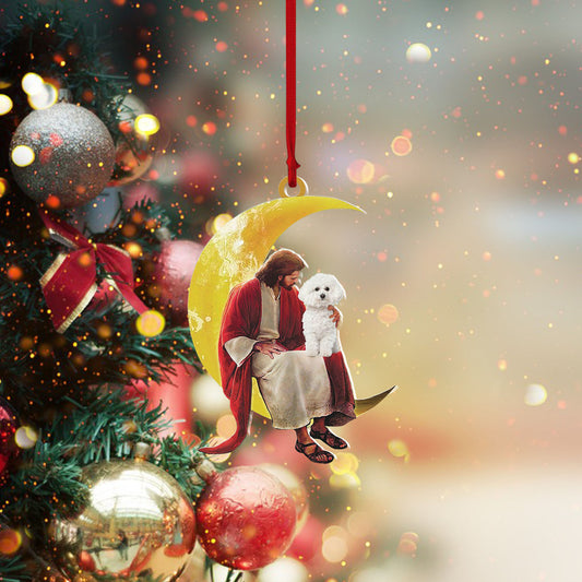 Pamaheart- Bichon Frise And Jesus Sitting On The Moon Hanging Ornament Dog Ornament, Car Ornament, Christmas Ornament, Pet Lovers Gift, Ornament Decoration, Ornament Christmas - TeeZworldVN