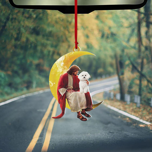Pamaheart- Bichon Frise And Jesus Sitting On The Moon Hanging Ornament Dog Ornament, Car Ornament, Christmas Ornament, Pet Lovers Gift, Ornament Decoration, Ornament Christmas - TeeZworldVN
