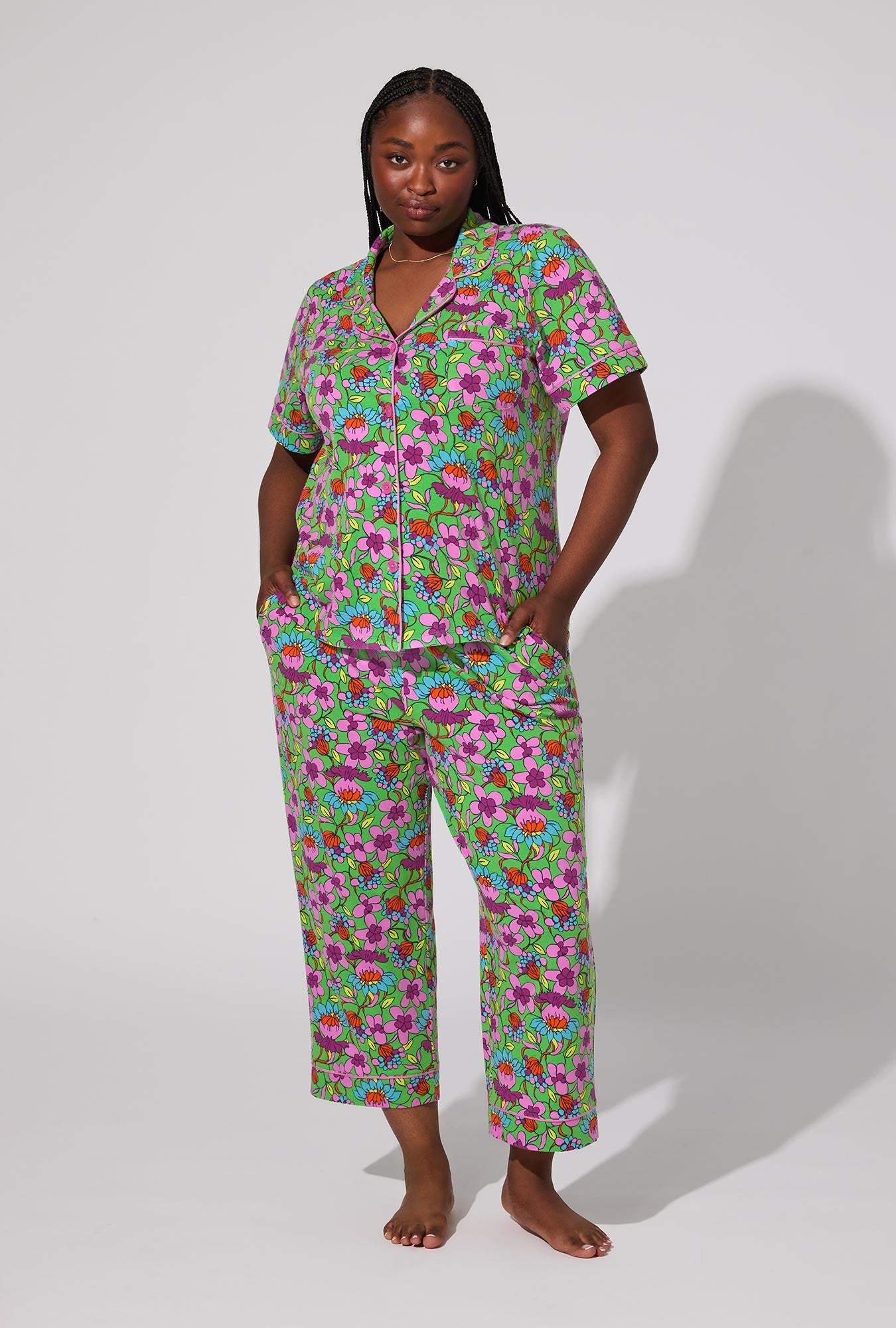 BedHead X Trina Turk Garden Floral Short Sleeve Classic Stretch Jersey Cropped PJ Set