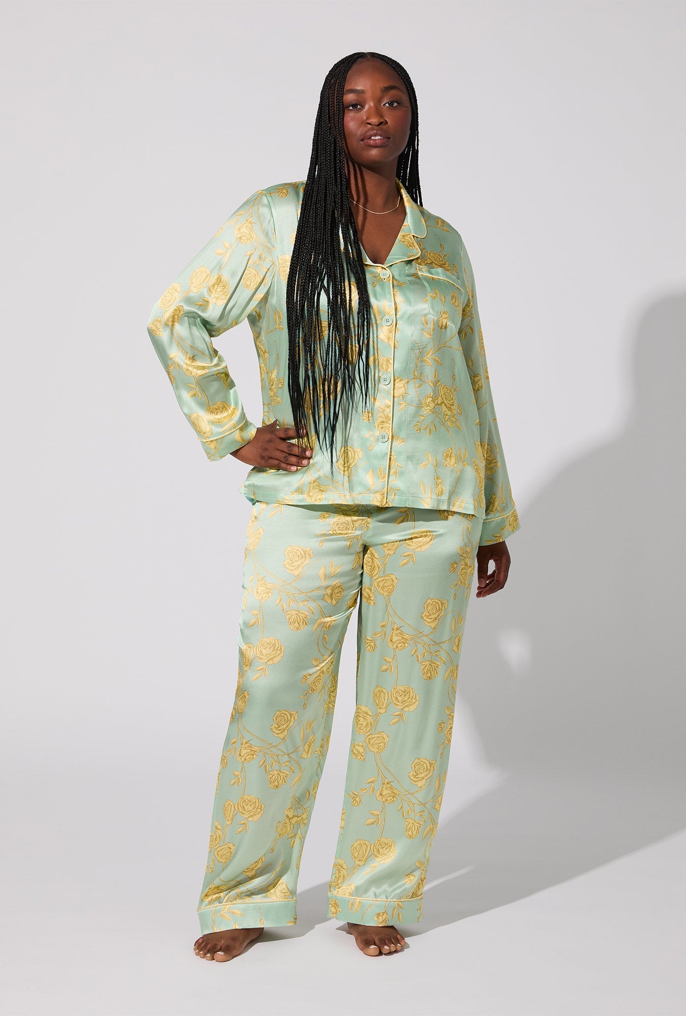 Royal Roses Long Sleeve Classic Woven Washable Silk Satin PJ Set