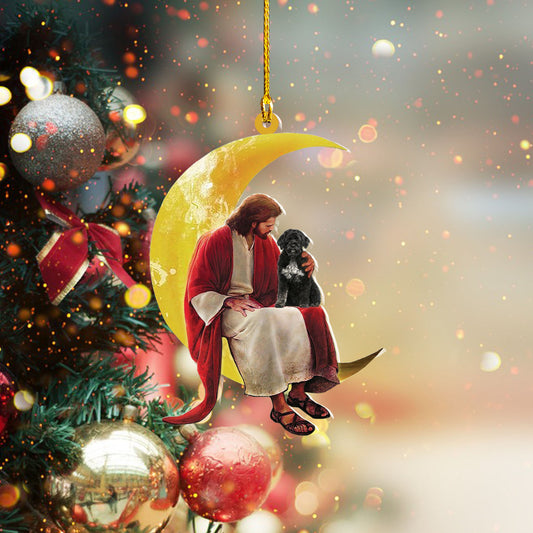 Portuguese Water Dog And Jesus Sitting On The Moon Hanging Acrylic Ornament For Dog Lovers1, Ornament Decoration, Ornament Christmas - TeeZworldVN