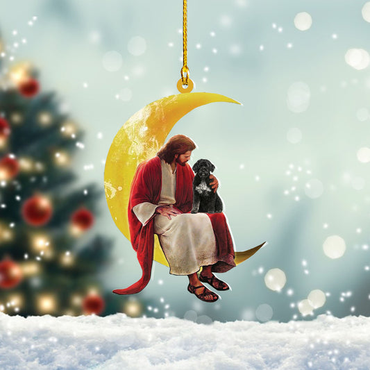 Portuguese Water Dog And Jesus Sitting On The Moon Hanging Acrylic Ornament For Dog Lovers1, Ornament Decoration, Ornament Christmas - TeeZworldVN