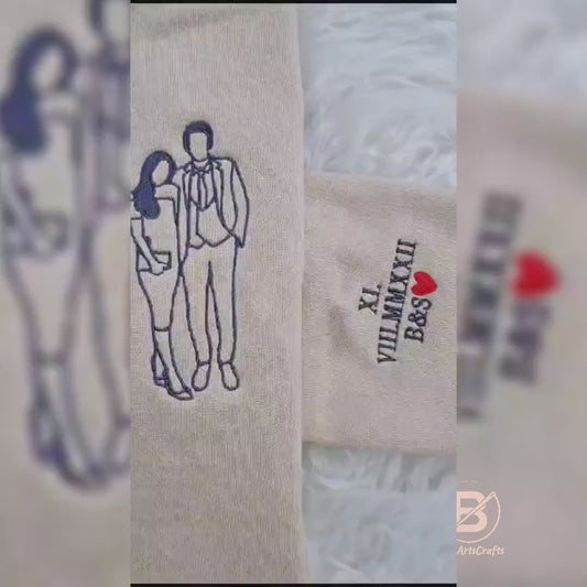 Embroidered Sketch Portrait Hoodies, Custom Outline Drawing Comfy Hoody, Personalised Couples Date On Sleeve Jumpers, Memorial Gifts for him
