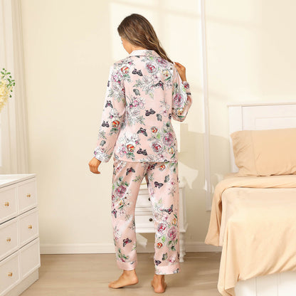Luxury Print Silk Pajamas Floral Butterfly Silk Pajamas Set