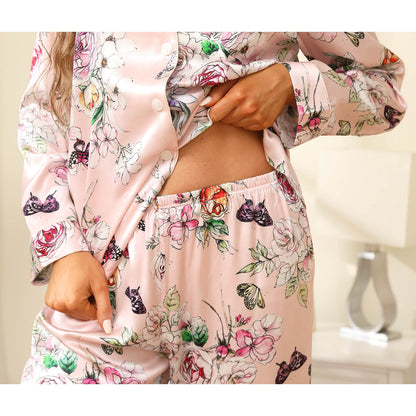 Luxury Print Silk Pajamas Floral Butterfly Silk Pajamas Set