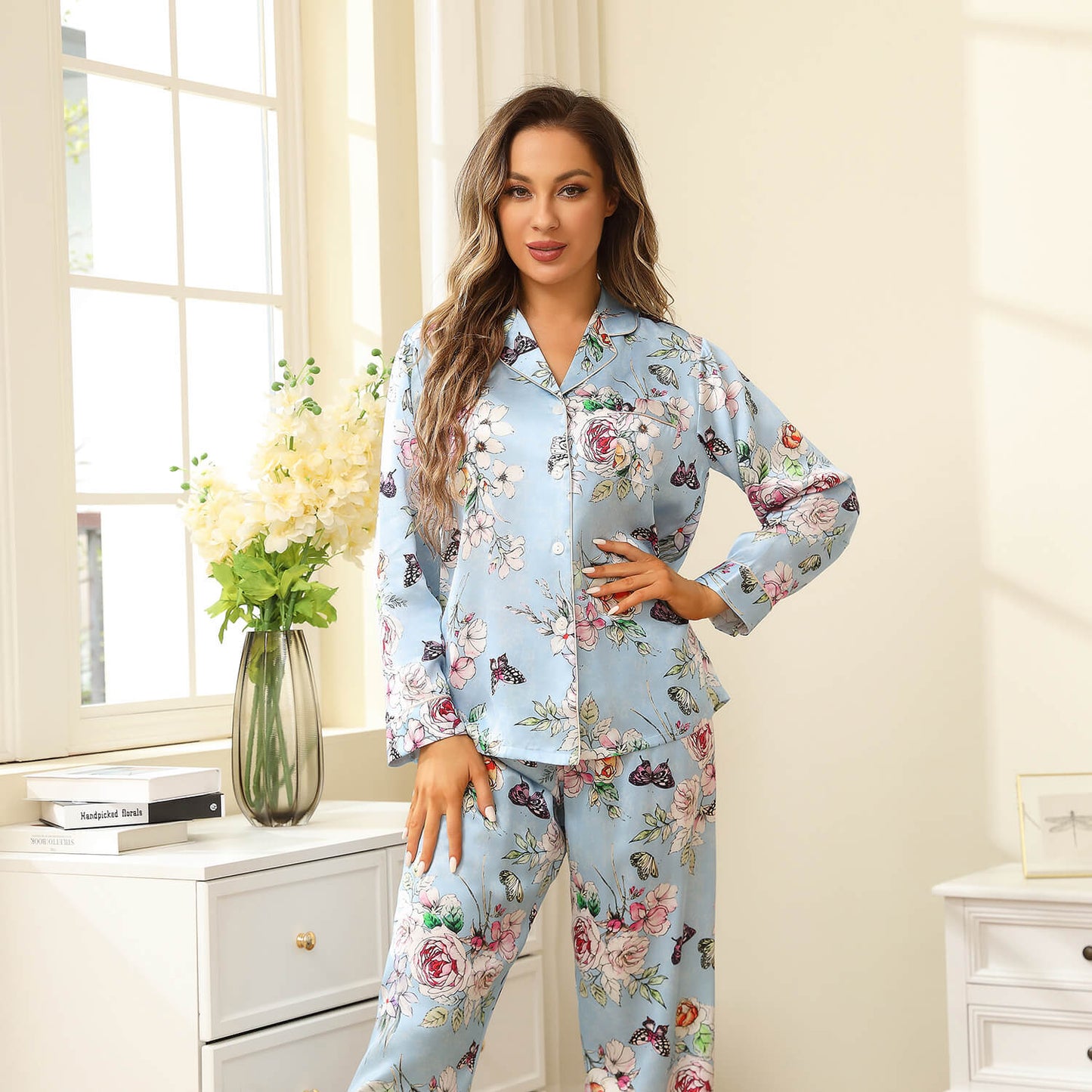 Luxury Print Silk Pajamas Floral Butterfly Silk Pajamas Set