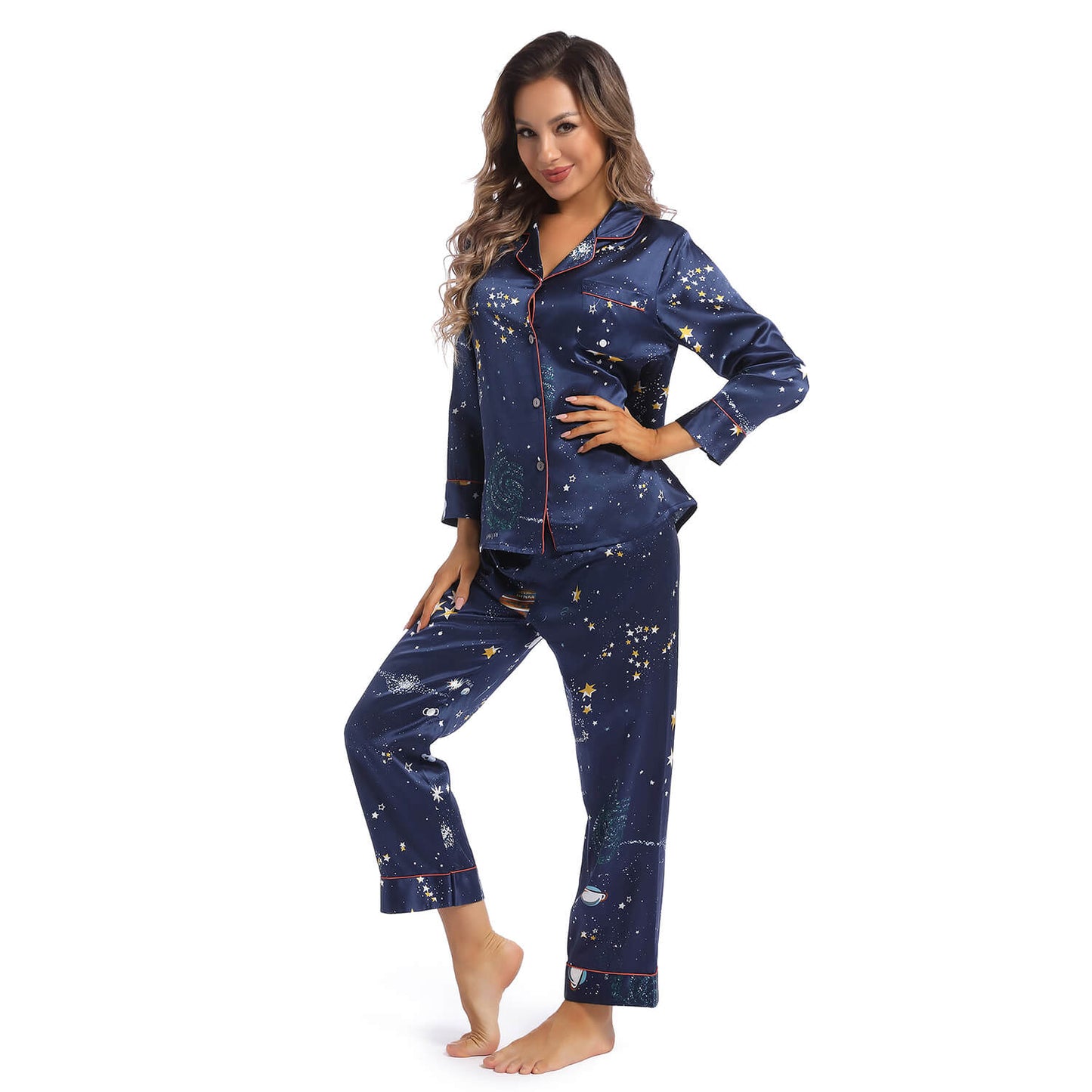 Printed Silk Pajama Set Galaxy Women's Silk Two Piece Pajamas