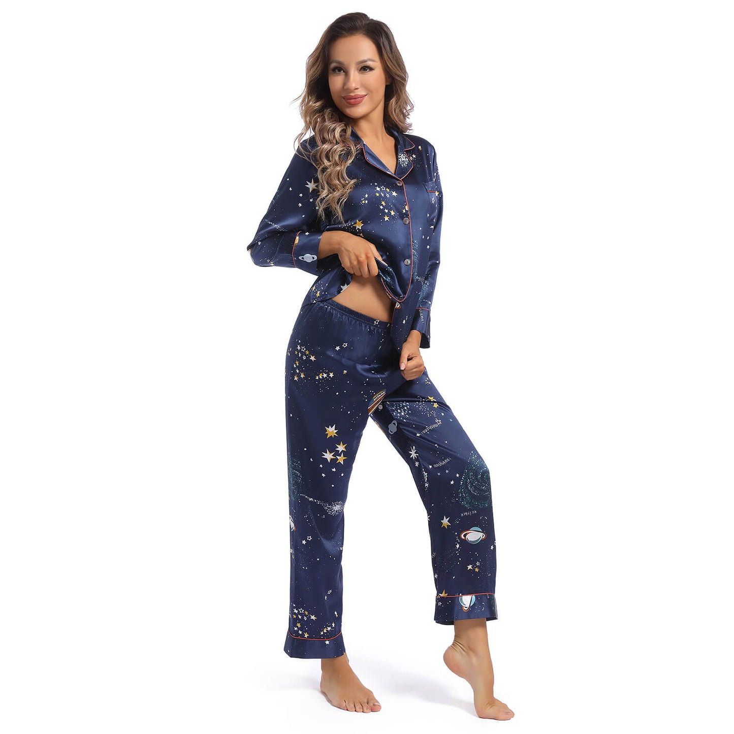 Printed Silk Pajama Set Galaxy Women's Silk Two Piece Pajamas