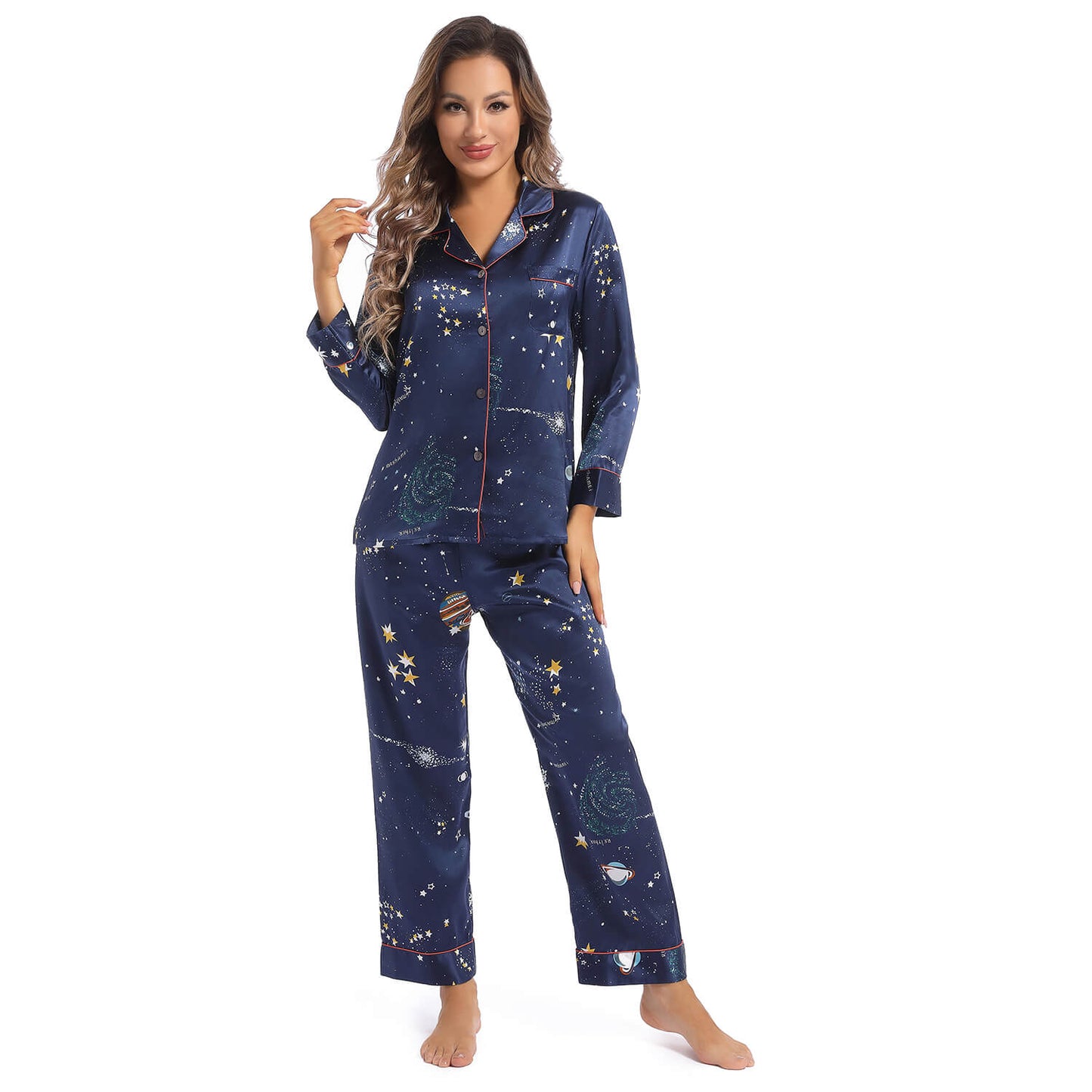Printed Silk Pajama Set Galaxy Women's Silk Two Piece Pajamas