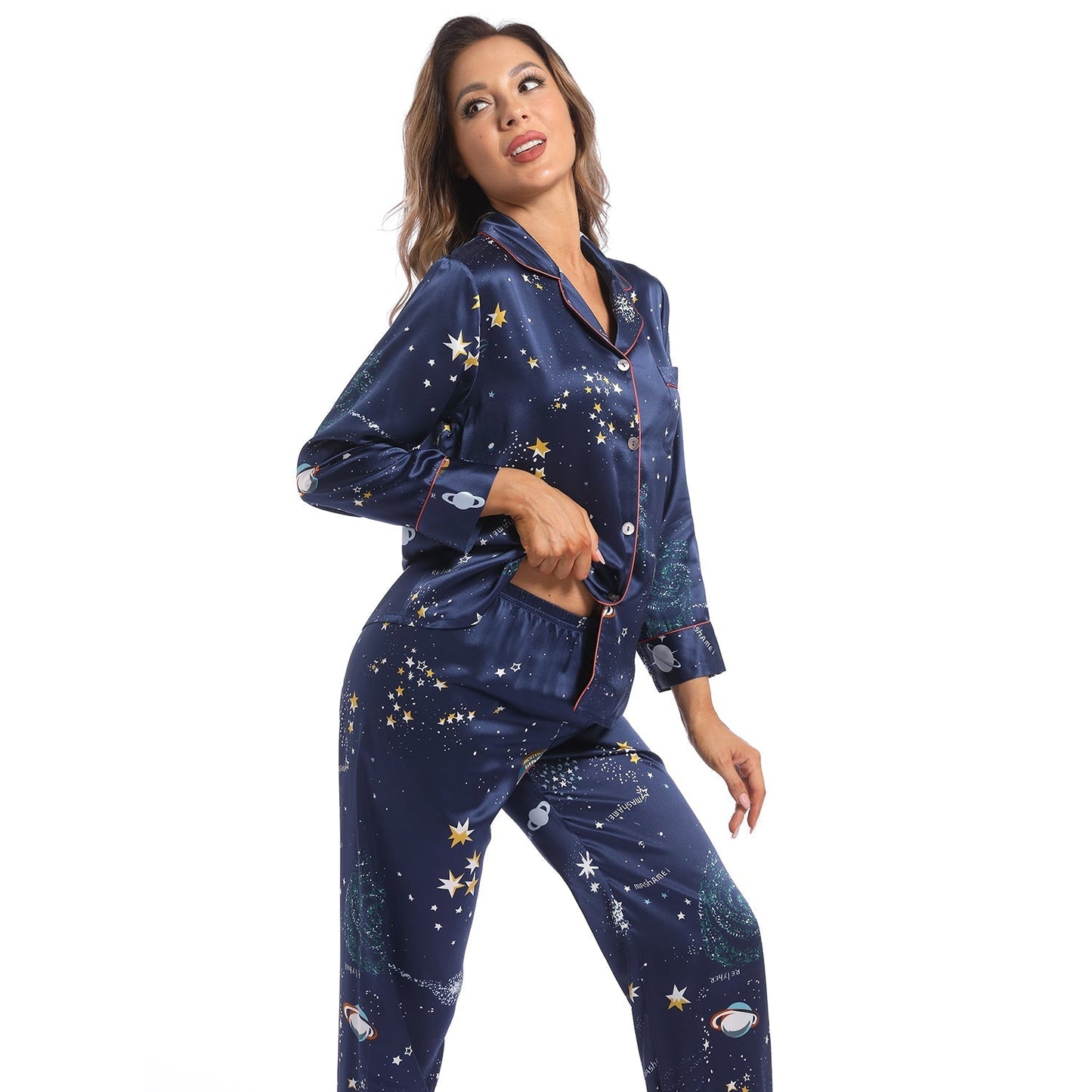 Printed Silk Pajama Set Galaxy Women's Silk Two Piece Pajamas