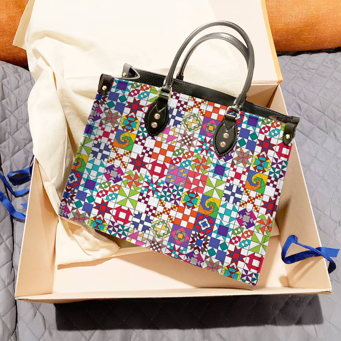 Leather Bag Colorful Quilting Blocks