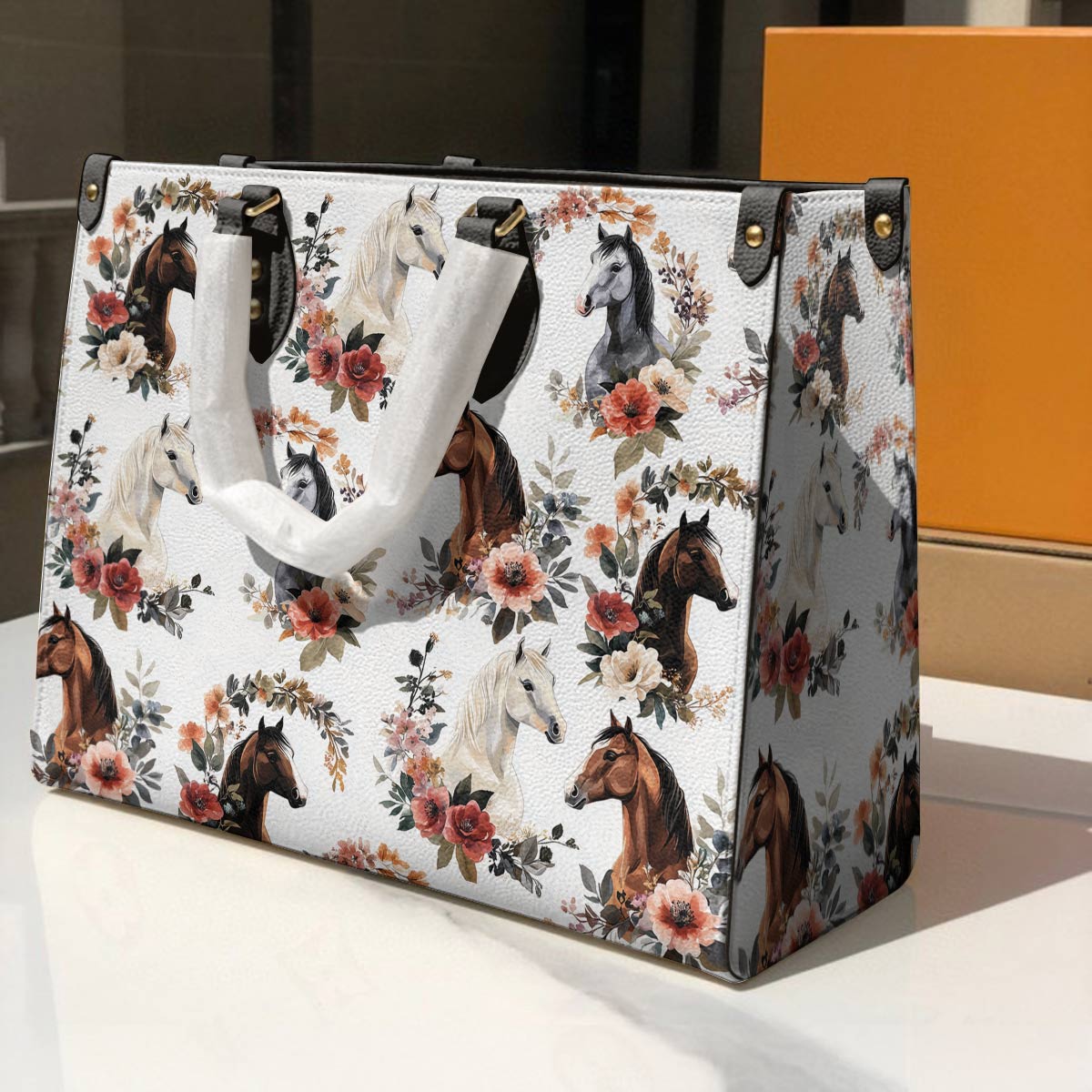 Leather Bag Charming Floral Horses