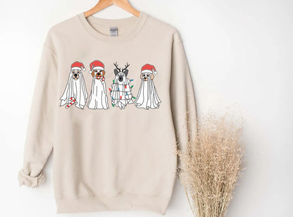 Ghost Dog With Santa Claus Hat Sweatshirt, Christmas Spooky Sweatshirt, Dog Ghost T-shirt, Sweatshirt Christmas, Christmas For Gift
