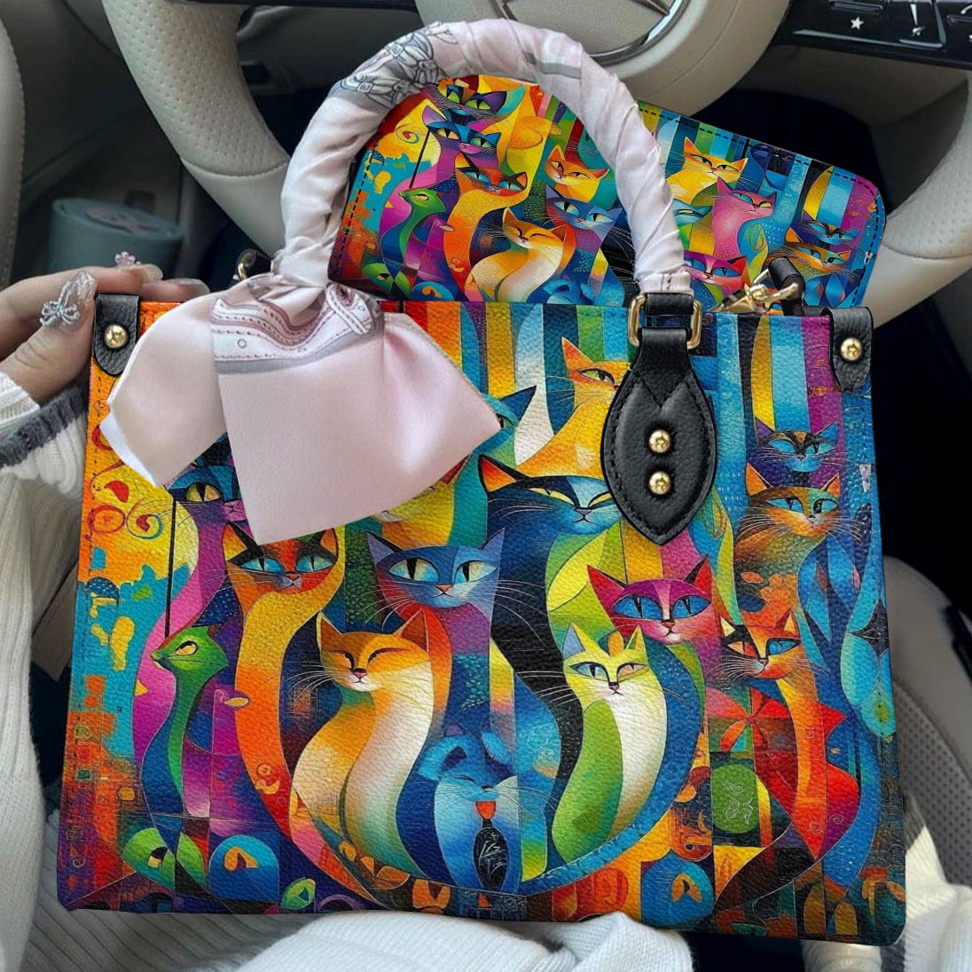 Cat Leather Bag Rainbow Geometric