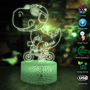 Personalized Cool Dinosaur Nigh Light, Custom Dinosaur Biking LED Night Light, Kids acrylic night light, Kids bedroom decor, Gift For Kids