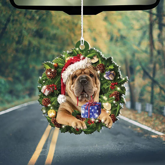 Shar Pei Christmas Wreath Shape Mica Plastic Ornament, Pet Lovers Gift, Christmas Ornament, Christmas Gift, Ornament Decoration, Ornament Christmas - TeeZworldVN